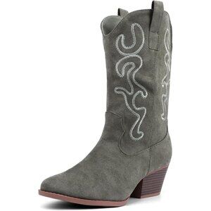 Women Oliver Suede Mid Calf Chunky Block Heel Western Embroidered Cowgirl Boot